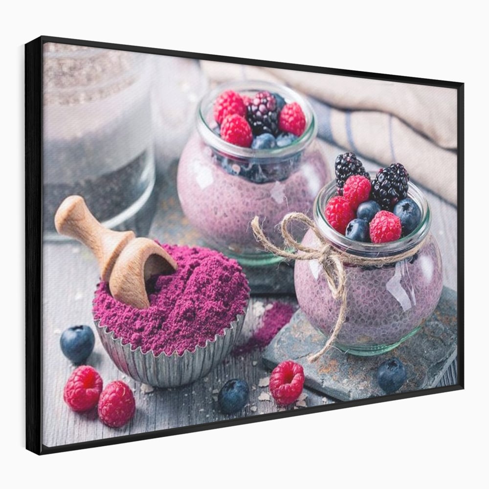 Tablou canvas cu natura moarta cu desert si fructe de padure, in rama de aluminiu negru